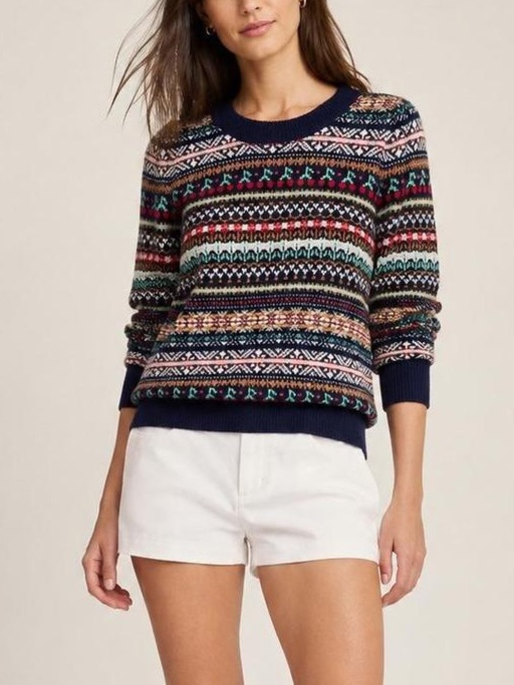 J. CREW Fair Isle Cherry Lambswool Blend Crewneck Sweater Navy Blue Multi Size M